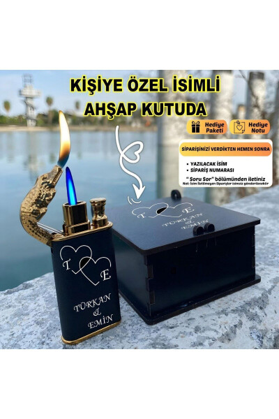 Kişiye Özel İsimli SEVGİLİLER GÜNÜ ÖZEL Tasarım Timsah Çakmak & Özel Ahşap Kutu - 8