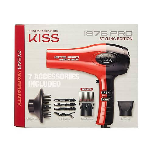 KISS 1875 Watt Pro Tourmaline Ceramic Hair Dryer, Styling Edition, 3 Heat Settings, 2 Speed Settings, Cool Shot Button, 7 Blow Dryer Accessories Included, 2-Year Warranty - Red - 1