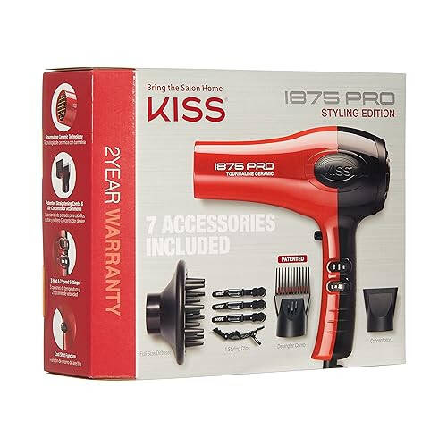 KISS 1875 Watt Pro Tourmaline Ceramic Hair Dryer, Styling Edition, 3 Heat Settings, 2 Speed Settings, Cool Shot Button, 7 Blow Dryer Accessories Included, 2-Year Warranty - Red - 2