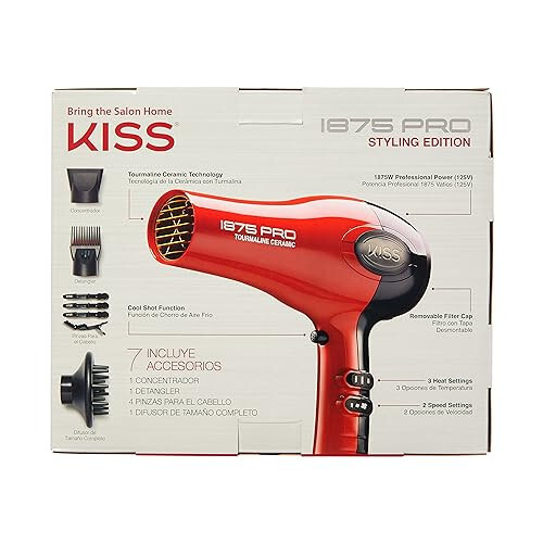 KISS 1875 Watt Pro Turmalin Seramik Saç Kurutma Makinesi, Şekillendirme Sürümü, 3 Isı Ayarı, 2 Hız Ayarı, Soğuk Hava Düğmesi, 7 Saç Kurutma Makinesi Aksesuarı Dahil, 2 Yıl Garanti - Kırmızı - 3