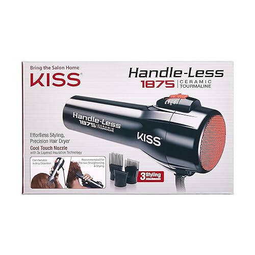 KISS Handle-Less 1875W Ceramic Tourmaline Hair Dryer, Effortless Styling Precision Blow Dryer, Cool Touch Nozzle, Triple-Layer Heat Insulation, Heat Resistant Cap, 3 Styling Attachments, Up to 450°F - 1