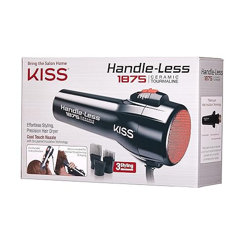 KISS Handle-Less 1875W Ceramic Tourmaline Hair Dryer, Effortless Styling Precision Blow Dryer, Cool Touch Nozzle, Triple-Layer Heat Insulation, Heat Resistant Cap, 3 Styling Attachments, Up to 450°F - 2