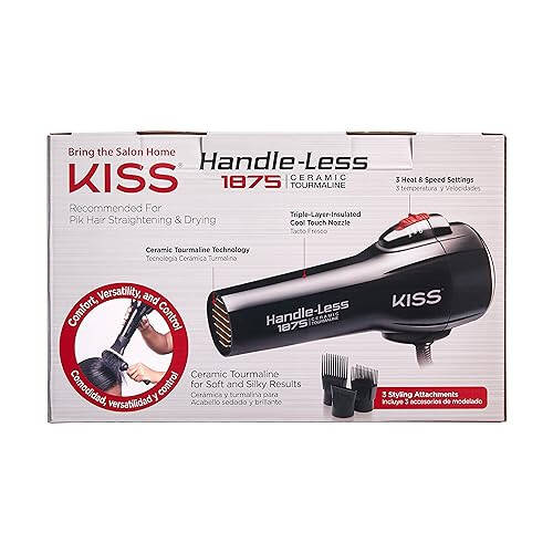 KISS Handle-Less 1875W Ceramic Tourmaline Hair Dryer, Effortless Styling Precision Blow Dryer, Cool Touch Nozzle, Triple-Layer Heat Insulation, Heat Resistant Cap, 3 Styling Attachments, Up to 450°F - 3