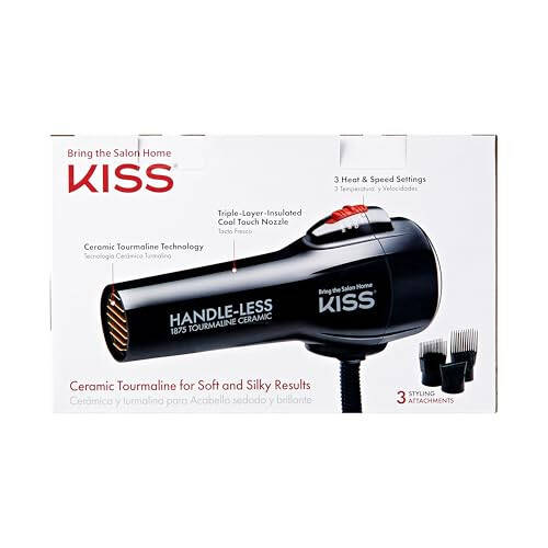 KISS Handle-Less 1875W Ceramic Tourmaline Hair Dryer, Effortless Styling Precision Blow Dryer, Cool Touch Nozzle, Triple-Layer Heat Insulation, Heat Resistant Cap, 3 Styling Attachments, Up to 450°F - 6