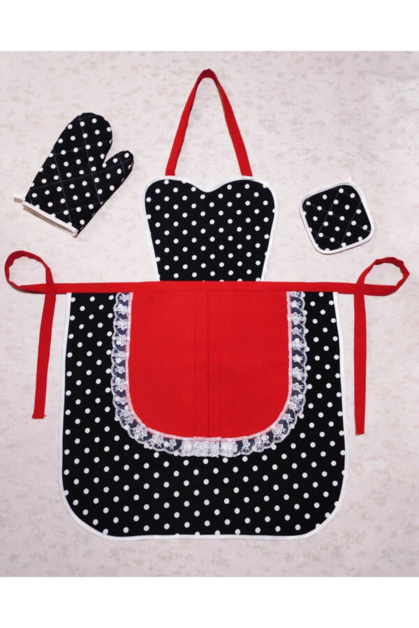 Kitchen Apron Holder Gloves Dowry Red Black Polka Dot Elegance - 2