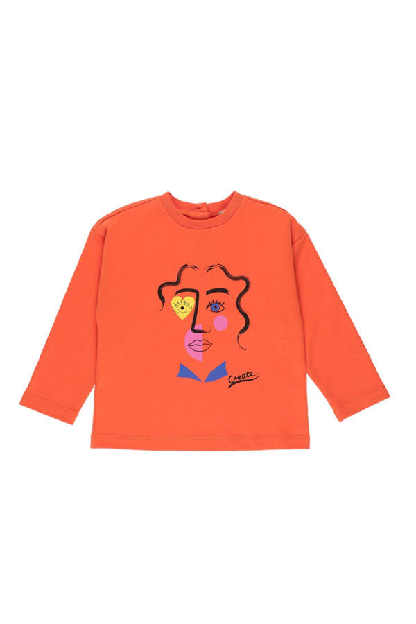 Kız Bebek Yüz Baskılı Kırmızı Sweatshirt - 1