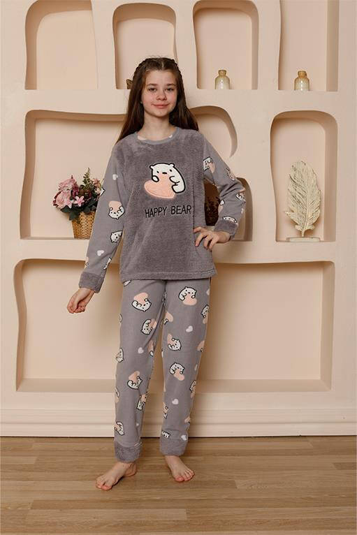 Kız Çocuk WelSoft Polar Gri Pijama Takımı 20523 - 3