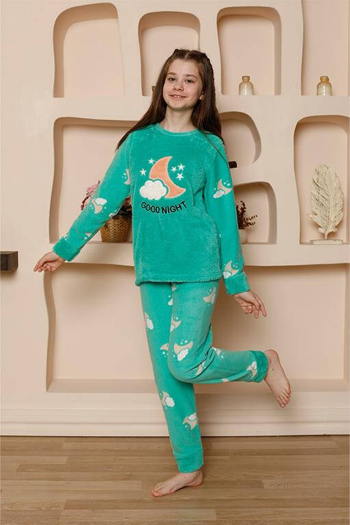 Kız Çocuk WelSoft Polar Yeşil Pijama Takımı 20526 - 2