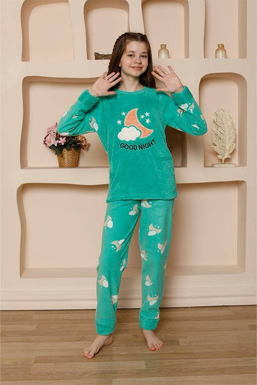 Kız Çocuk WelSoft Polar Yeşil Pijama Takımı 20526 - 3