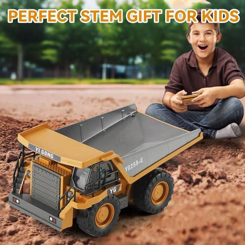 KIZJORYA Remote Control Dump Truck, RC Construction Vehicle for Kids with 9 Channel Metal Bed Light Sound & Rechargeable Battery, Electric Transport Garbage Truck Toy for Toddlers Boys Girls Age 3+ - 6