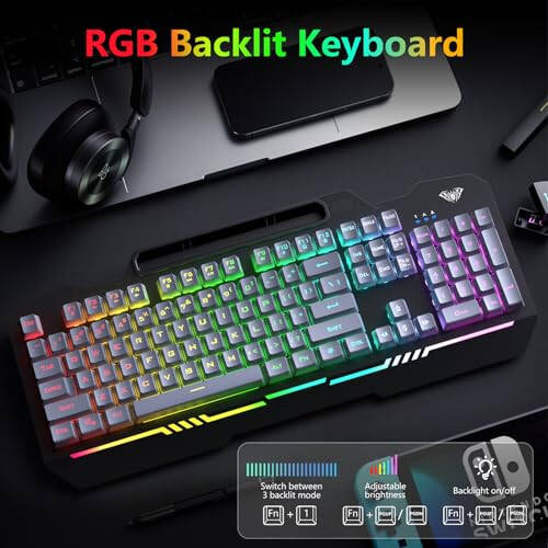 Клавиатура AULA, T102 104 клавиши Игровая клавиатура и мышь Комбо с RGB подсветкой PC клавиатура, Всеметаллическая панель Водонепроницаемая Подсветка Тихая компьютерная клавиатура, USB проводная клавиатура для MAC Xbox PC геймеров - 2