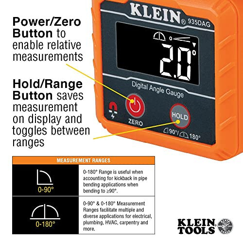 Klein Tools 935DAG Raqamli Elektron Su Terazi va Burchak O'lchagich, 0 - 90 va 0 - 180 Gradus Oralig'ida O'lchaydi, Burchaklarni O'lchaydi va Belgilaydi - 9