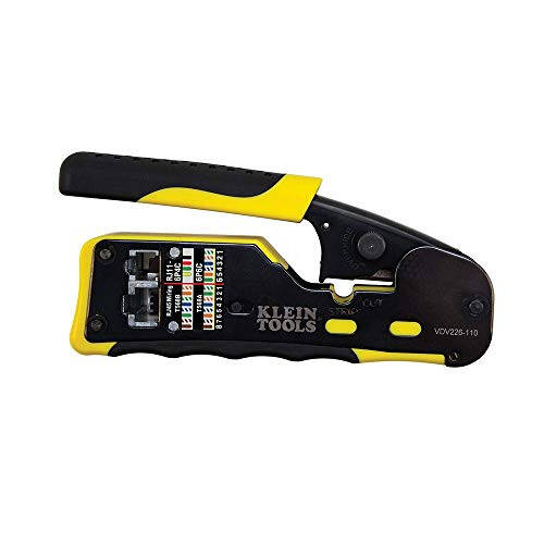 Klein Tools VDV226-110 Ratcheting Modular Data Cable Crimper / Wire Stripper / Wire Cutter for RJ11/RJ12 Standard, RJ45 Pass-Thru Connectors - 1