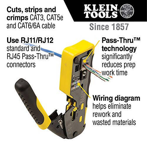 Klein Tools VDV226-110 Ratcheting Modular Data Cable Crimper / Wire Stripper / Wire Cutter for RJ11/RJ12 Standard, RJ45 Pass-Thru Connectors - 2