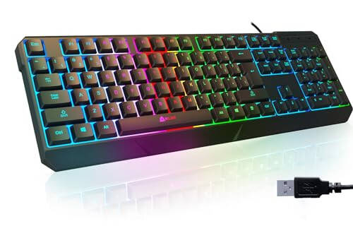 KLIM Chroma Oyun Klavyesi Kablolu USB - Yeni 2024 - Dayanıklı Ergonomik Su Geçirmez Sessiz Aralıksız Işıklandırma - Oyun ve Ofis İçin Ideal - Teclado Gamer - 2 ms Tepki Süresi - PC Dizüstü Bilgisayar Mac PS4 PS5 - Siyah - 1