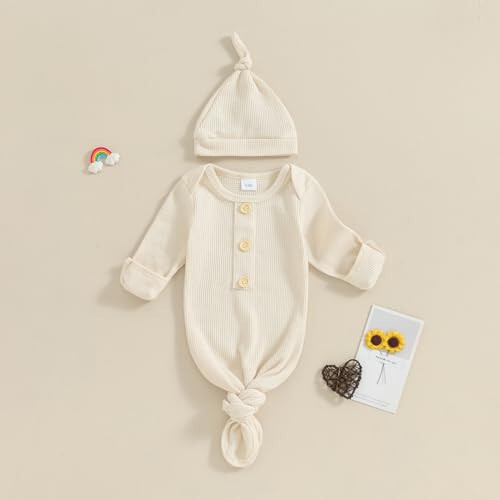 KMBANGI Newborn Baby Boys Girls Knotted Gown Hat Set Long Sleeve Button Infant Sleeper Baby Sleep Gown with Mittens - 44