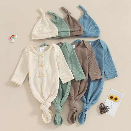 KMBANGI Newborn Baby Boys Girls Knotted Gown Hat Set Long Sleeve Button Infant Sleeper Baby Sleep Gown with Mittens - 49