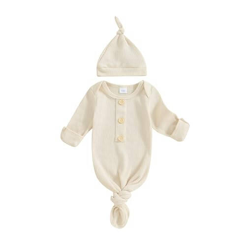 KMBANGI Newborn Baby Boys Girls Knotted Gown Hat Set Long Sleeve Button Infant Sleeper Baby Sleep Gown with Mittens - 22