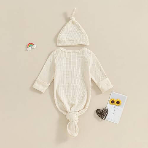 KMBANGI Newborn Baby Boys Girls Knotted Gown Hat Set Long Sleeve Button Infant Sleeper Baby Sleep Gown with Mittens - 24