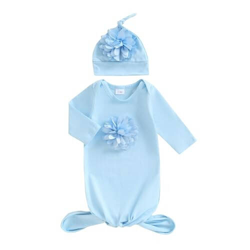 KMBANGI Newborn Baby Boys Girls Knotted Gown Hat Set Long Sleeve Crew Neck 3D Flower Infant Sleeper Baby Sleep Gown - 43