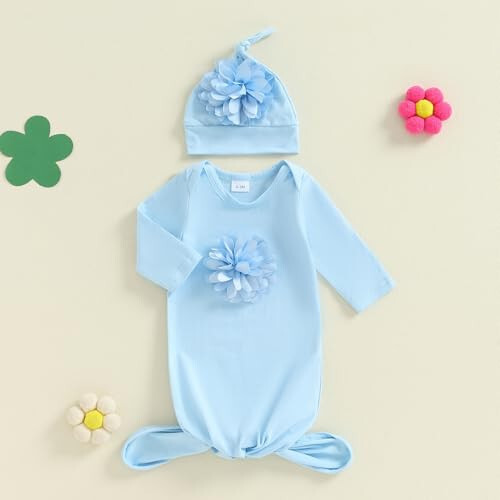 KMBANGI Newborn Baby Boys Girls Knotted Gown Hat Set Long Sleeve Crew Neck 3D Flower Infant Sleeper Baby Sleep Gown - 44