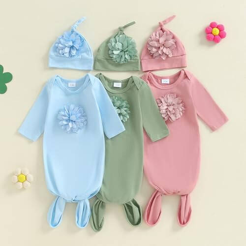 KMBANGI Newborn Baby Boys Girls Knotted Gown Hat Set Long Sleeve Crew Neck 3D Flower Infant Sleeper Baby Sleep Gown - 48