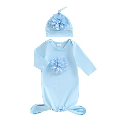 KMBANGI Newborn Baby Boys Girls Knotted Gown Hat Set Long Sleeve Crew Neck 3D Flower Infant Sleeper Baby Sleep Gown - 29