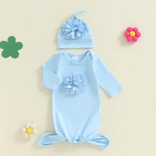 KMBANGI Newborn Baby Boys Girls Knotted Gown Hat Set Long Sleeve Crew Neck 3D Flower Infant Sleeper Baby Sleep Gown - 23