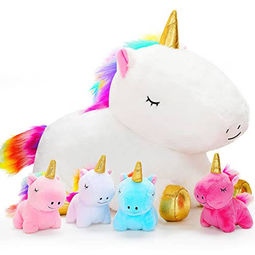 KMUYSL Toys for Girls Ages 3 4 5 6 7 8+ Years - Unicorn Mommy Stuffed Animal with 4 Baby Unicorns in Her Tummy, Soft Unicorn Plush Toys Set, Christmas Birthday Gifts for Baby, Toddler, Kids - 31