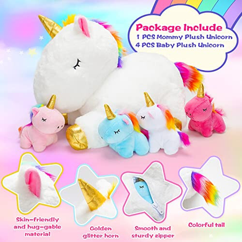 KMUYSL Toys for Girls Ages 3 4 5 6 7 8+ Years - Unicorn Mommy Stuffed Animal with 4 Baby Unicorns in Her Tummy, Soft Unicorn Plush Toys Set, Christmas Birthday Gifts for Baby, Toddler, Kids - 33