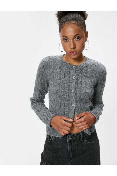 Knit Cardigan with Braided Texture Buttoned Bike Neck - 7