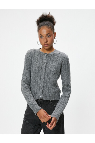 Knit Cardigan with Braided Texture Buttoned Bike Neck - 8