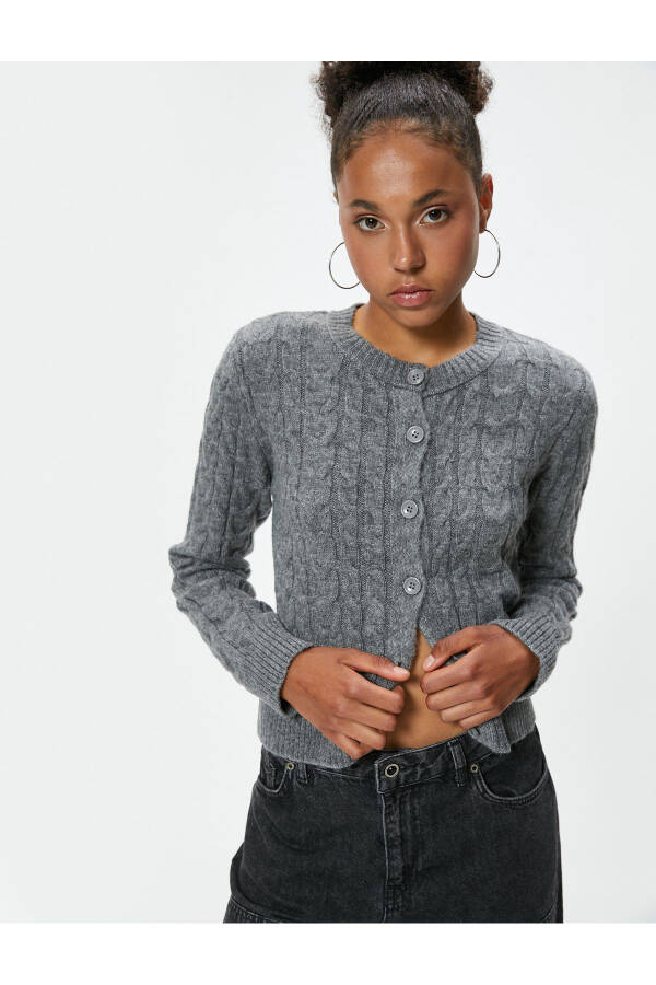 Knit Cardigan with Braided Texture Buttoned Bike Neck - 1