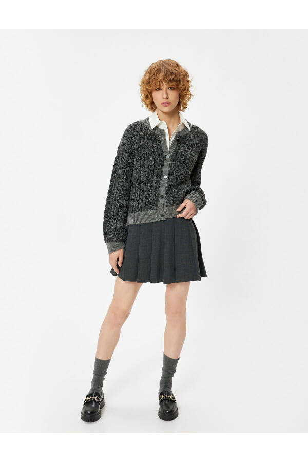 Knit Cardigan with Braided Texture, Buttoned, Long Sleeves, Bike Neck - 7