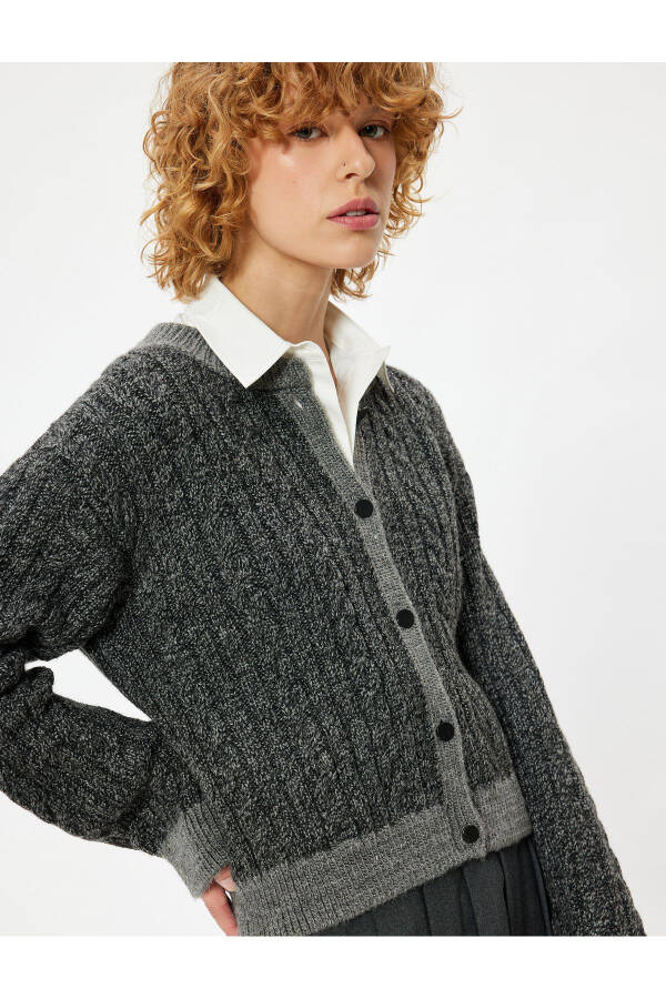 Knit Cardigan with Braided Texture, Buttoned, Long Sleeves, Bike Neck - 8