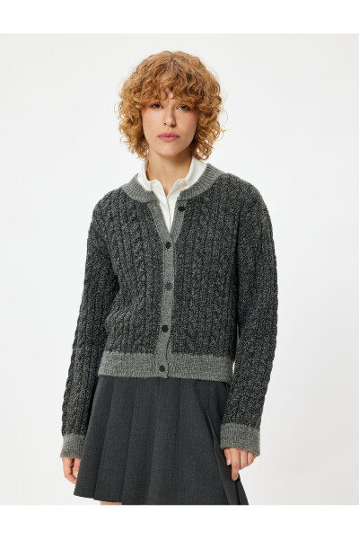 Knit Cardigan with Braided Texture, Buttoned, Long Sleeves, Bike Neck - 9