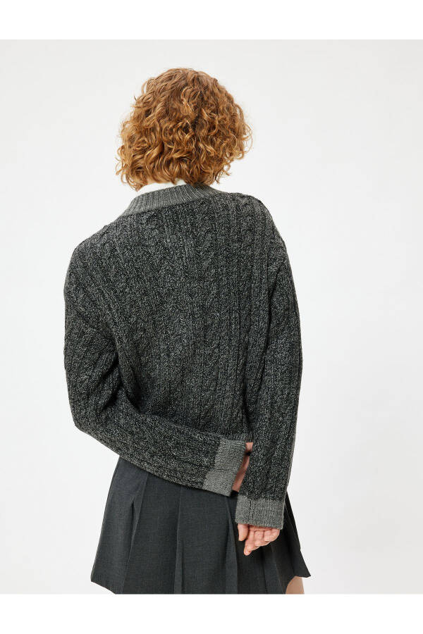 Knit Cardigan with Braided Texture, Buttoned, Long Sleeves, Bike Neck - 10