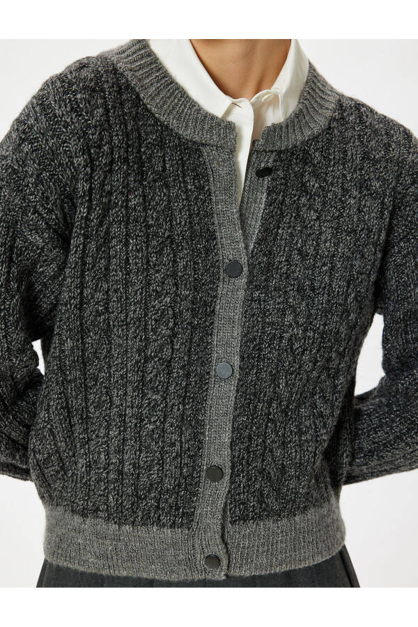 Knit Cardigan with Braided Texture, Buttoned, Long Sleeves, Bike Neck - 11