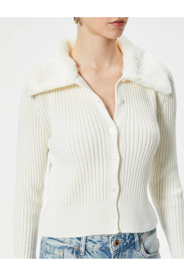 Knit Cardigan with Faux Fur Collar Detail and Buttons - 11