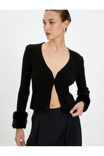 Knit Cardigan with Faux Fur Detail, Buttoned V-Neck, Ribbed - 1