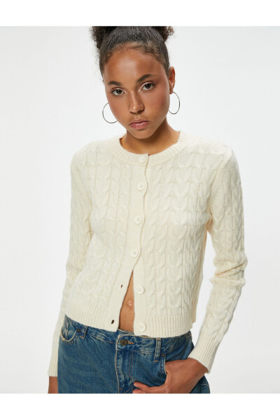 Knitted Cardigan with Braid Texture, Buttoned, Crew Neck - 7