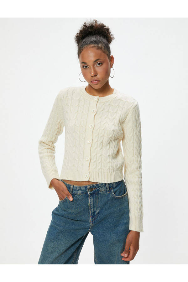 Knitted Cardigan with Braid Texture, Buttoned, Crew Neck - 9