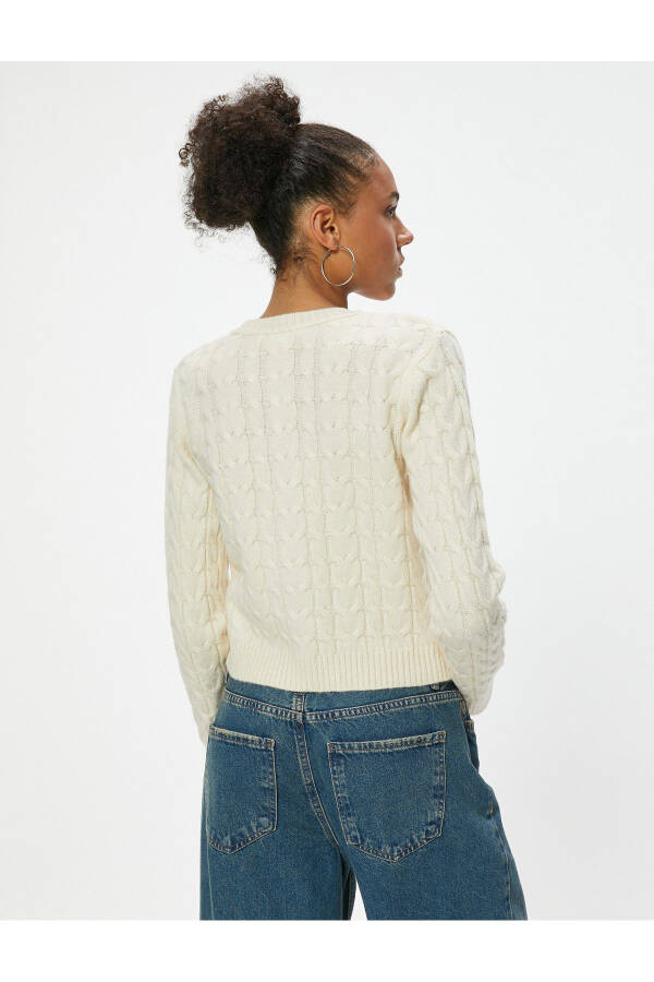 Knitted Cardigan with Braid Texture, Buttoned, Crew Neck - 10