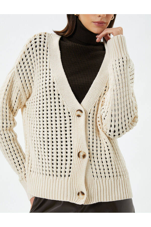 Knitted Cardigan with Lace Button Detail Long Sleeve Cotton - 11