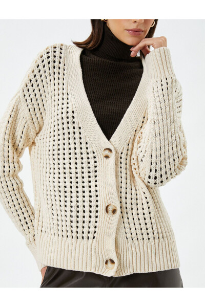 Knitted Cardigan with Lace Button Detail Long Sleeve Cotton - 5