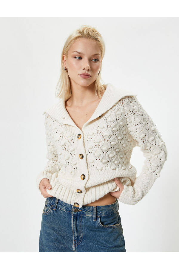 Knitted Cardigan with Lace Detail, Long Sleeves, Stand Collar and Buttons - 11