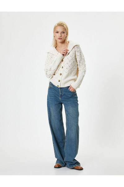 Knitted Cardigan with Lace Detail, Long Sleeves, Stand Collar and Buttons - 12