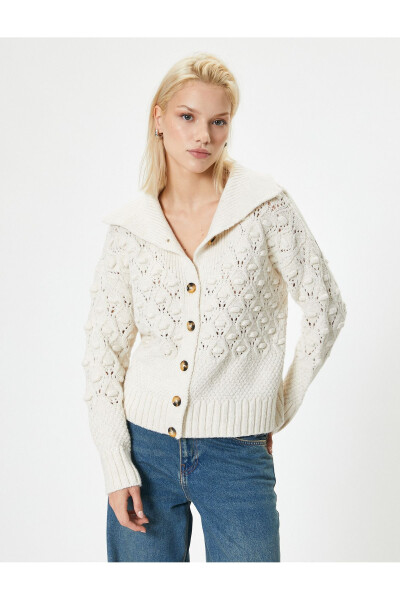 Knitted Cardigan with Lace Detail, Long Sleeves, Stand Collar and Buttons - 13