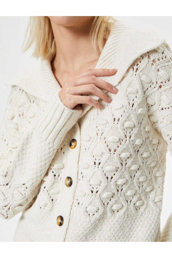 Knitted Cardigan with Lace Detail, Long Sleeves, Stand Collar and Buttons - 15