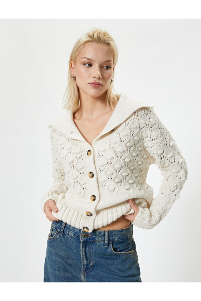 Knitted Cardigan with Lace Detail, Long Sleeves, Stand Collar and Buttons - 5